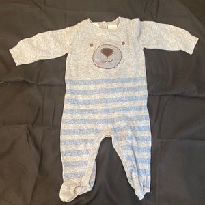 0 to 3 months gray and blue striped bear long sleeve onesie